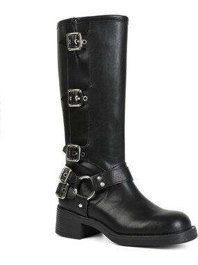 Stylish Knee High Moto Biker Boots for Women with Buckle Detail - Trendy